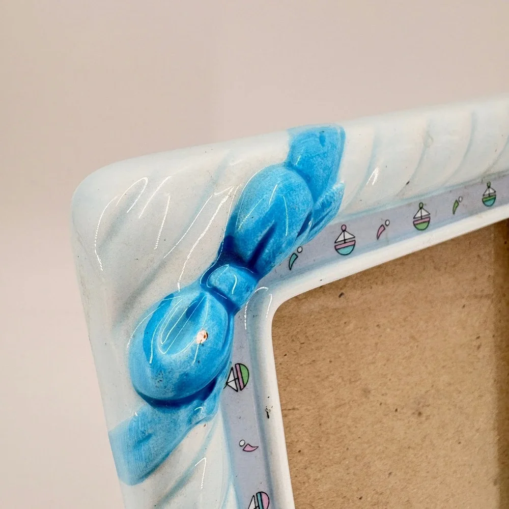 Vtg Burnes of Boston Blue‎ Ceramic Picture Frame 3x5 Quilted Ribbon Bow Kitsch